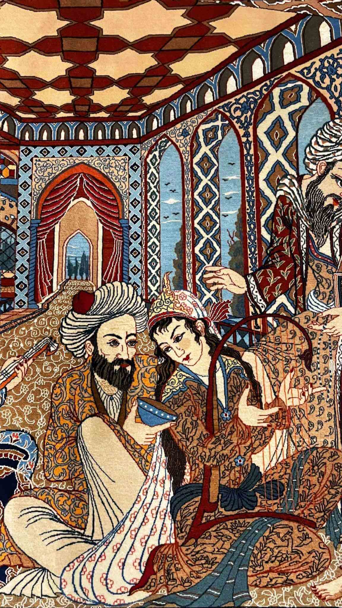 "Close-up of decorative motifs on the Seirafian Persian rug, made by Master Bagher Seirafian."